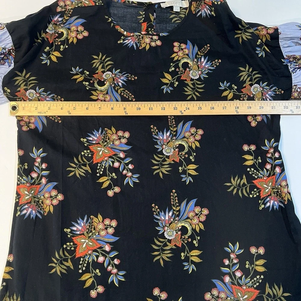 LOFT Womens Black Floral Cotton Puff‎ Sleeve Button Back Blouse Top Small